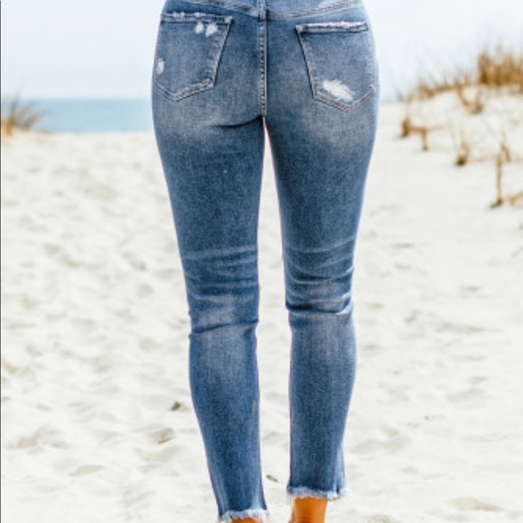 Dark Blue Casual Ripped Raw Hem Skinny Jeans - Picture 2 of 3